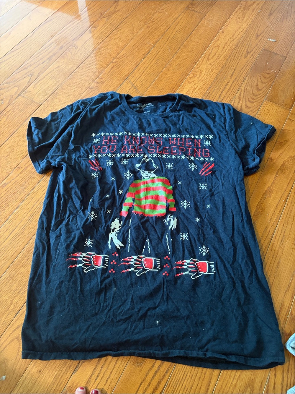 H&M Black Graphic Freddy Krueger Holiday Tee with Red and Green Accents
